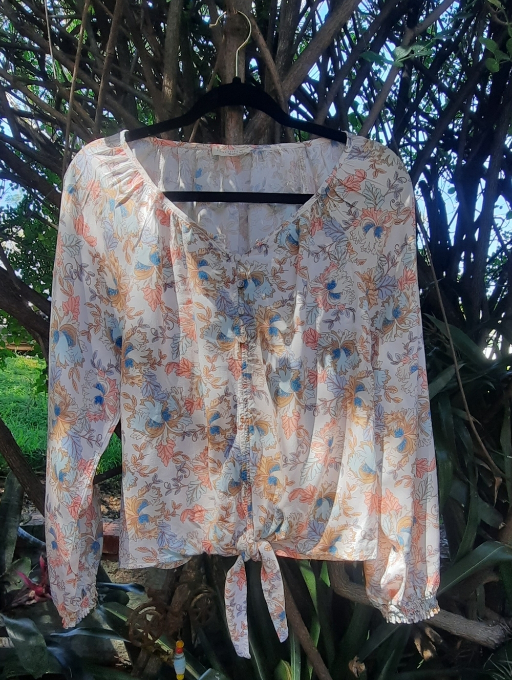 lovestitch White Floral Tie-Front Blouse with Peach & Blue Accents